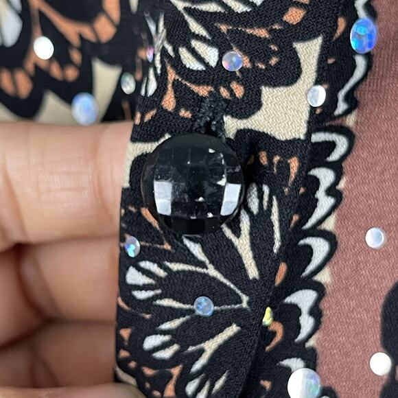 Bob Mackie Jersey Top Womens XL Brown Printed Sequins Button Front Stretch Artsy - Picture 16 of 16